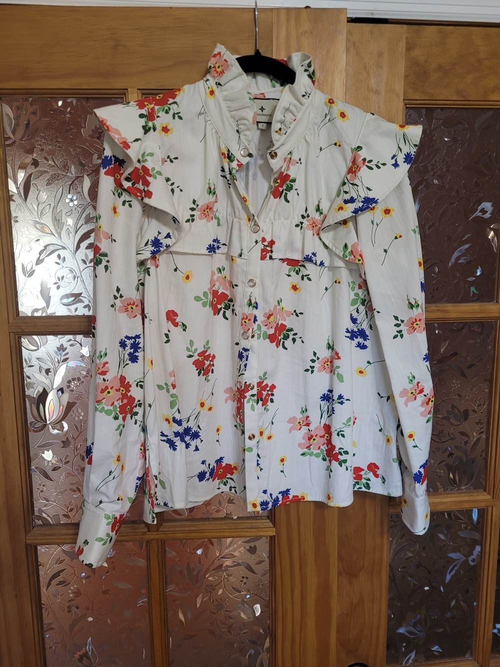 Tuckernuck White AMARILLO Floral Ruffle-Trim Button Front Blouse
